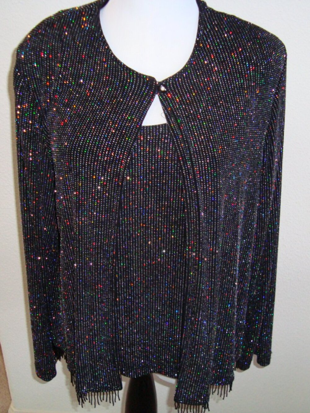 Vintage Ronni Nicole Black Sparkle Twin Set Sleeveless Top Jacket w/ Fringe sz M